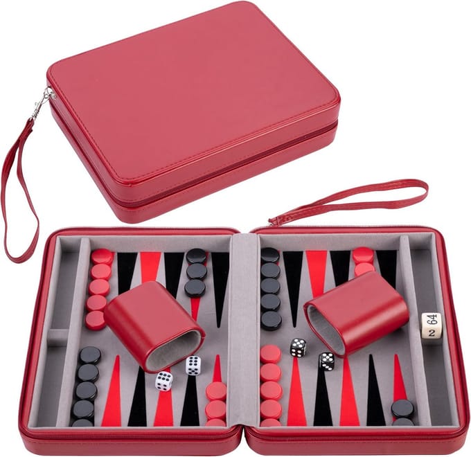 Reis Backgammon Set - Compact Spel - Strategisch Spelen - Compleet Met Accessoires - 9 Inch - Rood