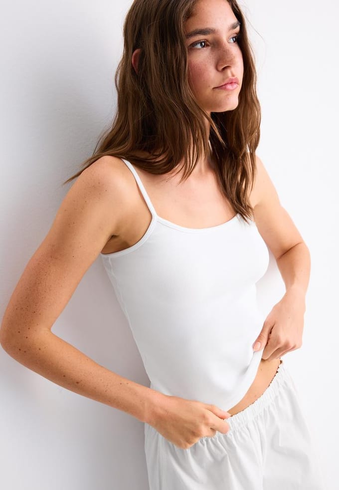 Stradivarius B07 Ribgebreide top met bandjes  Wit M