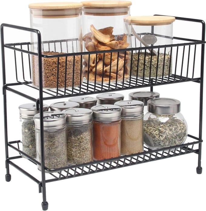 Two Tier Multifunctionele Jar Spice Organizer - Opbergrek van Staal - Zwart - 30 cm