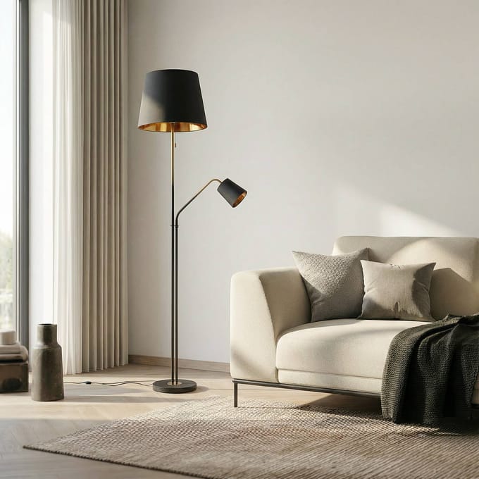 Lindby - vloerlamp - 1licht - Staal, textiel - H: 175 cm - E27 - zwart, goud
