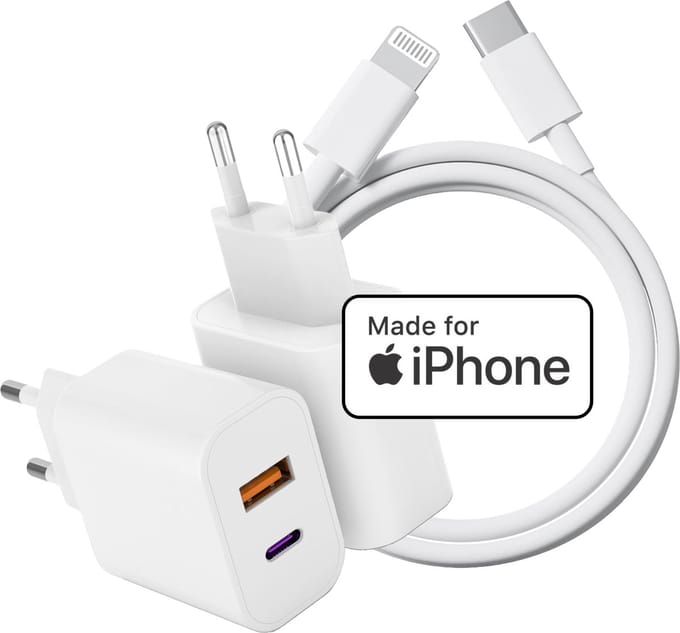 Snellader 2 Poorten met usb-C naar Lightning Kabel - Apple MFI Gecertificeerd - Oplader Geschikt voor iPhone - Usb C Adapter