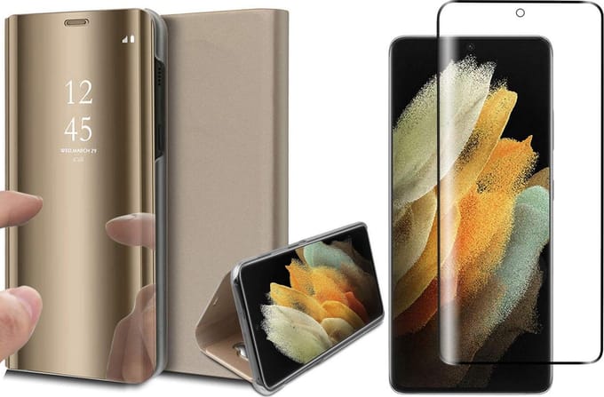 Hoesje geschikt voor Samsung Galaxy S21 Ultra - Screen Protector GlassGuard - Book Case Spiegel Goud & Screenprotector