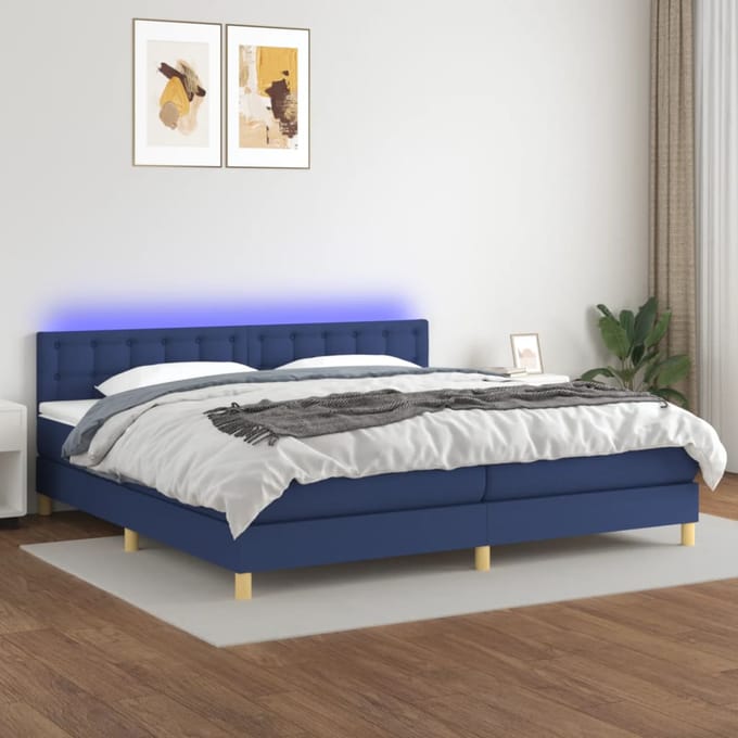 vidaXL - Boxspring - met - matras - en - LED - stof - blauw - 200x200 - cm