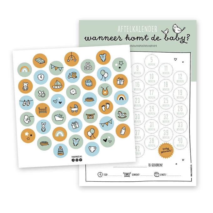 Zwangerschap aftelkalender A4 - Groen - Inclusief stickers - Thuismusje