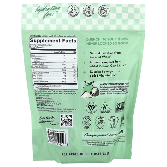 She'S Thorsty®, Mélange d'électrolytes à l'eau de coco, Pastèque, 18 sachets sticks, 7,8 g (0.28 oz) Chaque