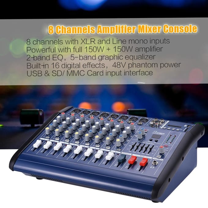 8 Kanalen Versterkte Mixer Versterker Digitale Audio Mengpaneel Versterker met 48V Fantoomvoeding USB/ SD EU Plug
