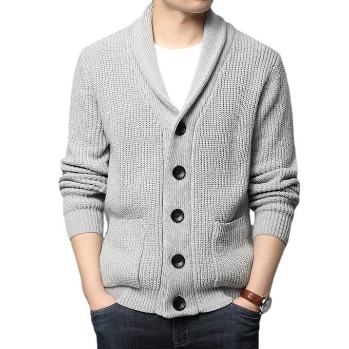 Mode nouveaux hommes à manches longues pull Cardigan poche col roulé pur tricots de couleur S gris