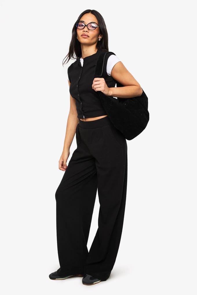 boohoo Dames Geribbelde wijde pijpbroek | Black | Maat: 6