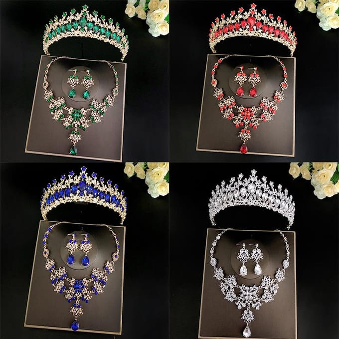 Prinses Bruidssieradenset Dames Mode Tiara Bruiloft Ketting Set Kroon Oorbellen Bruids Ketting Set Gala black
