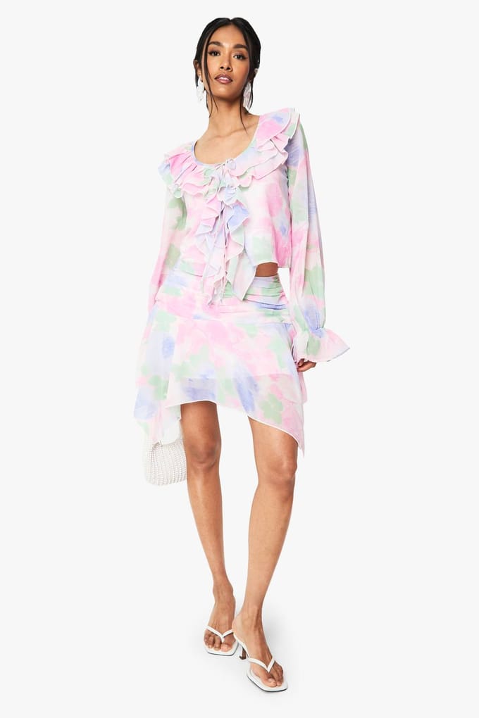 boohoo Dames Floral Chiffon Hanky Hem Mini Rok | Blush | Maat: 8