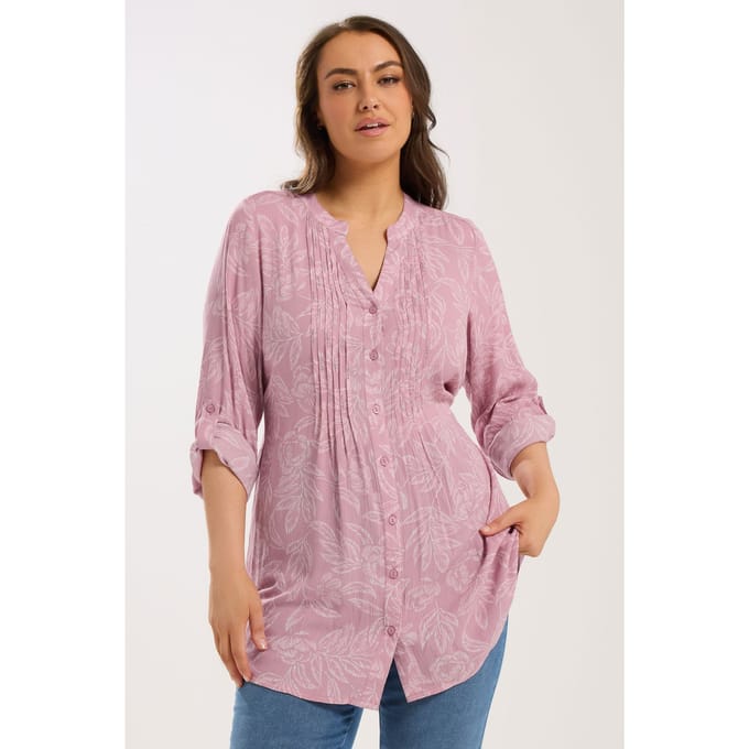 Yours Roze Blouse Met Bladprint En Fijne Plooien Size 48