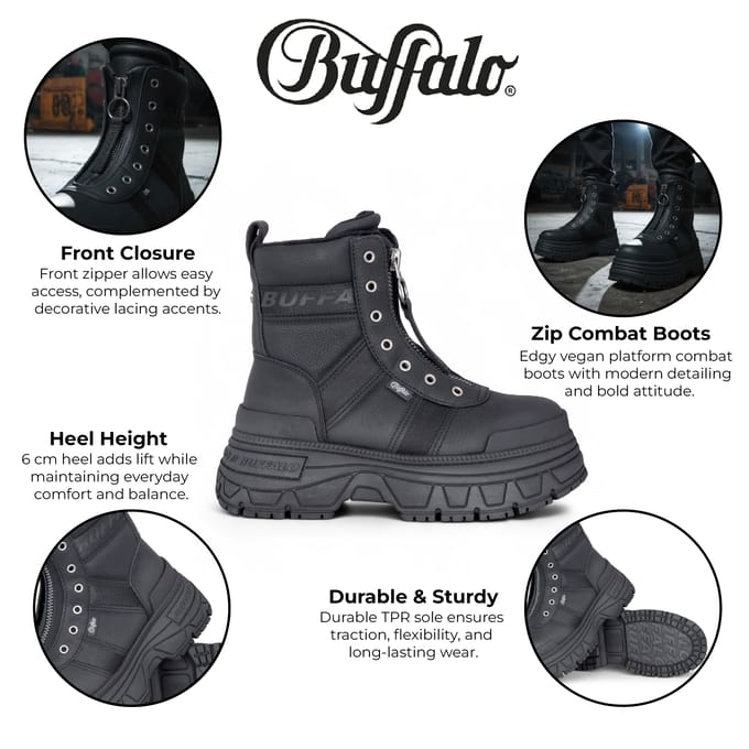 Buffalo Dames Zwarte Chunky Platform Front Zip Hoge Enkel Combat Boots - Fusion