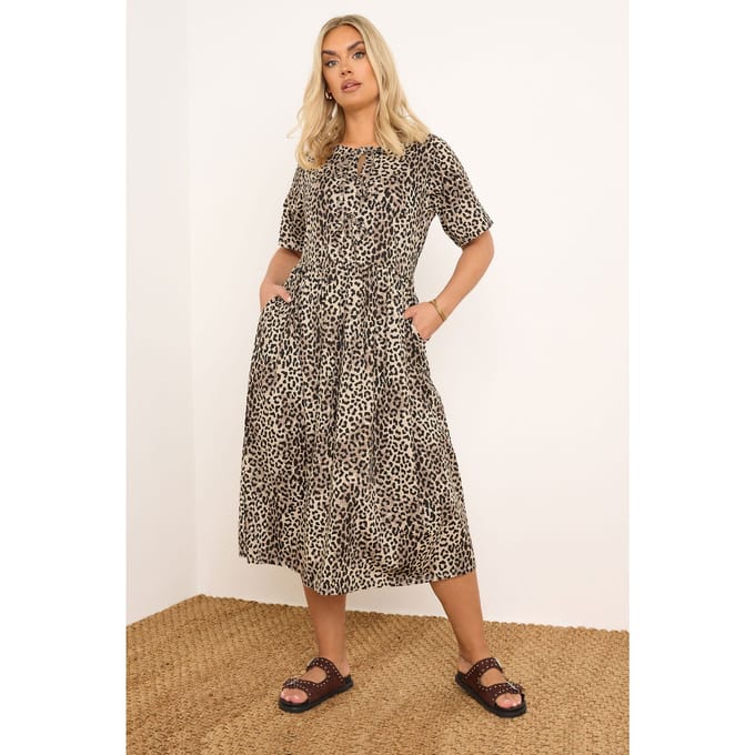Yours Katoenen Jurk Met Luipaardprint En Striksluitingen In Bruin Size 48