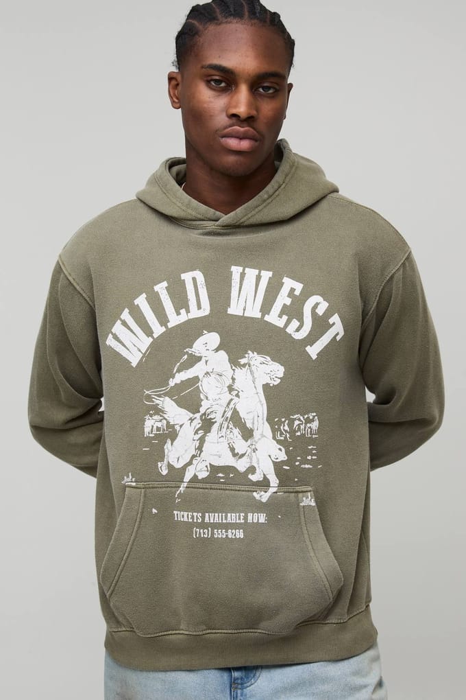 Gewassen kaki oversized boxy western bedrukte hoodie | Washed Khaki | Size Medium
