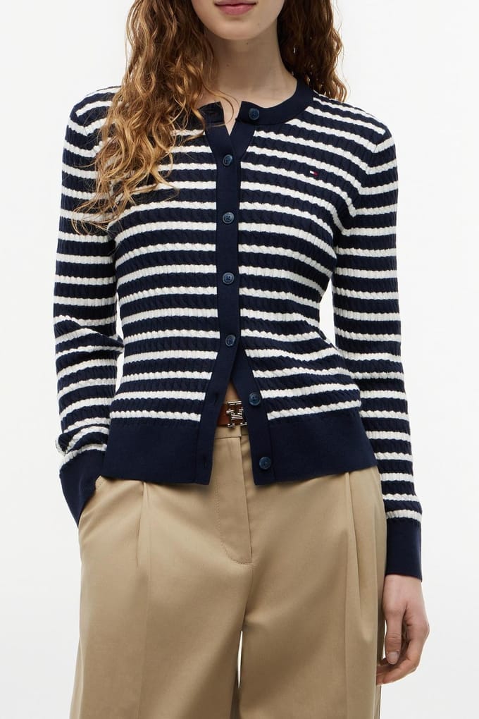 Tommy Hilfiger Cotton Cable Fine Ls Dark N Navy/ivory Petal Breton Stp Größe: XL | Pullover Outlet | Damen | Blau