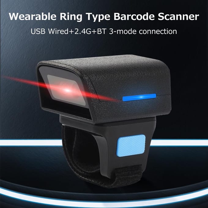 Draagbare ringtype barcodescanner USB bedraad + 2.4G + BT drie-modus verbindingsondersteuning eendimensionaal zwart