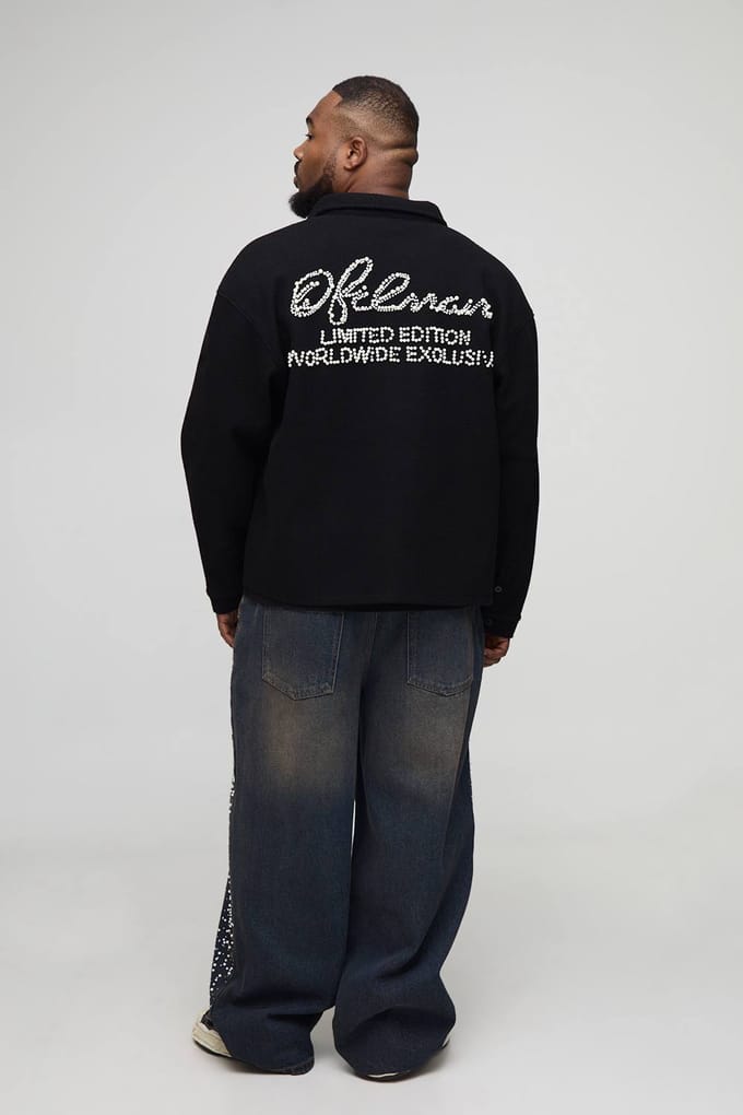Plus Oversized Pearl Embellished Wool Look Overshirt | Black | Size 2XL