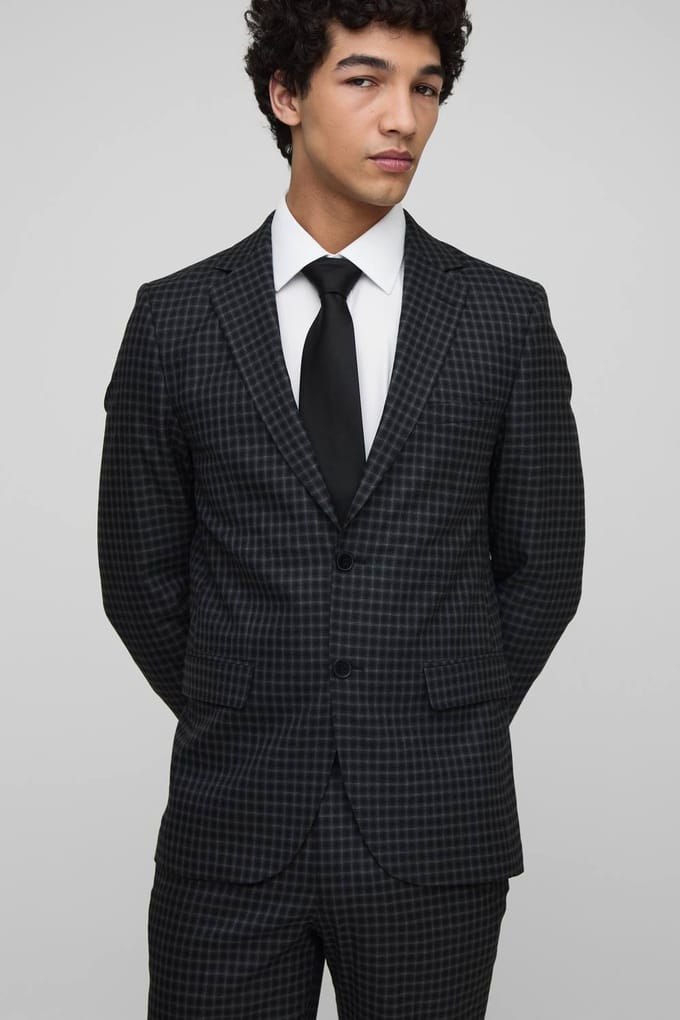 Single Breasted Slim Check Suit Jacket | Black | Size 44