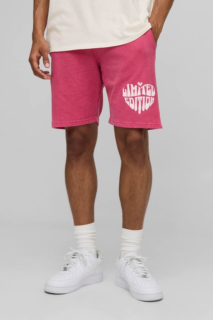 Regular Fit Shorts Met Limited Heart Grafische Print En Washed Jersey | Red | Size Medium