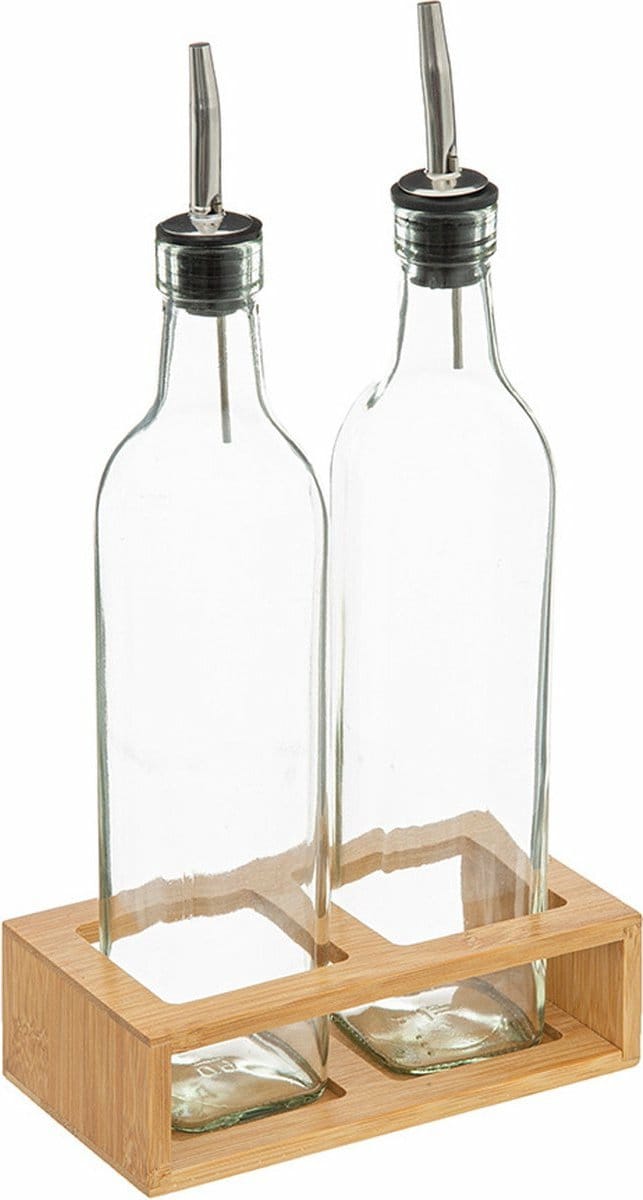 5five Glazen olie- en azijnfles set met bamboe standaard - 0,5 L, transparant