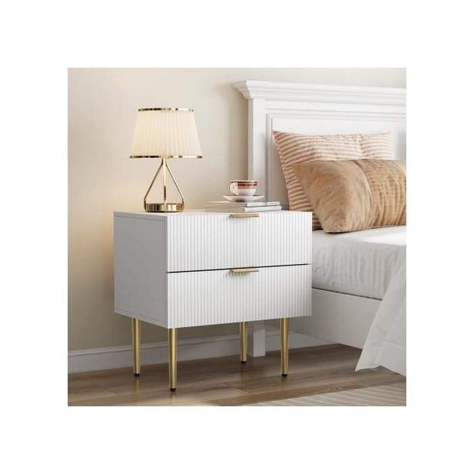 Table de nuit - MUVOE - Moderne - 2 tiroirs - Bois massif - Pieds en métal blanc