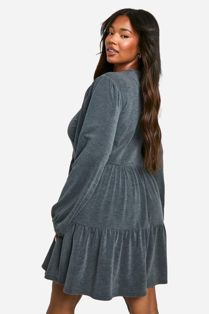 boohoo Dames Plus Two Tone Rib Tie Front Smock Jurk | Grijs | Maat: 56
