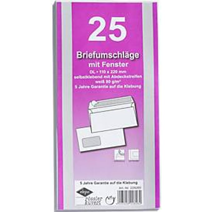 Enveloppen, 110 x 220 mm (DL), met venster links, klevend, pak van 25 stuks