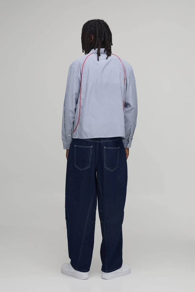 Oversized Ruim Gesneden Gebogen Paspel Sport Overhemd | Blue | Size Large