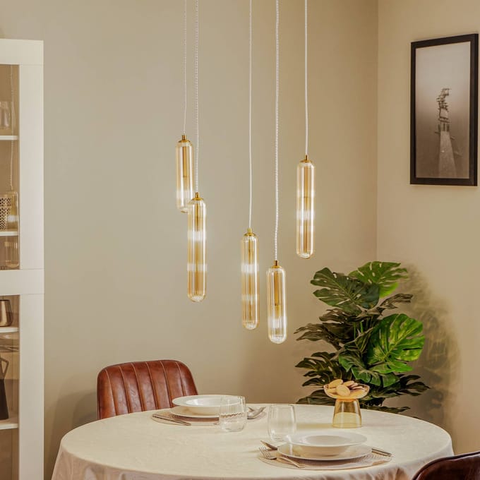 Lucande - hanglamp - 5lichts - Glas, metaal - G9 - amber, messing