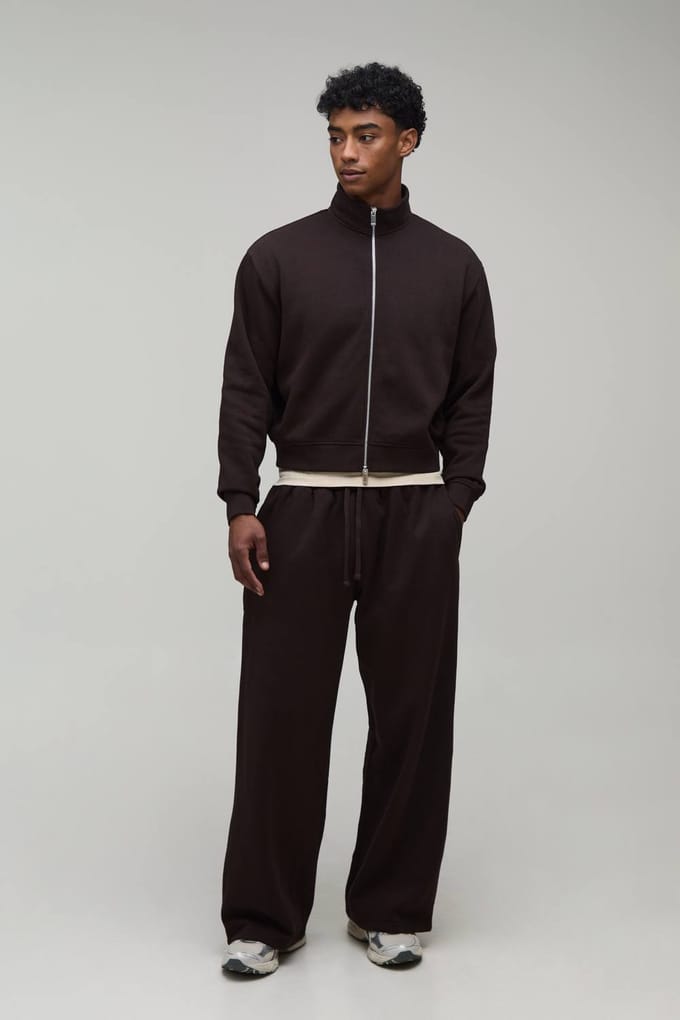 Oversized Verkort Trainingspak Met Ritssluiting, Col En Wijde Pijpen Joggingbroek | Chocolate | Size Medium