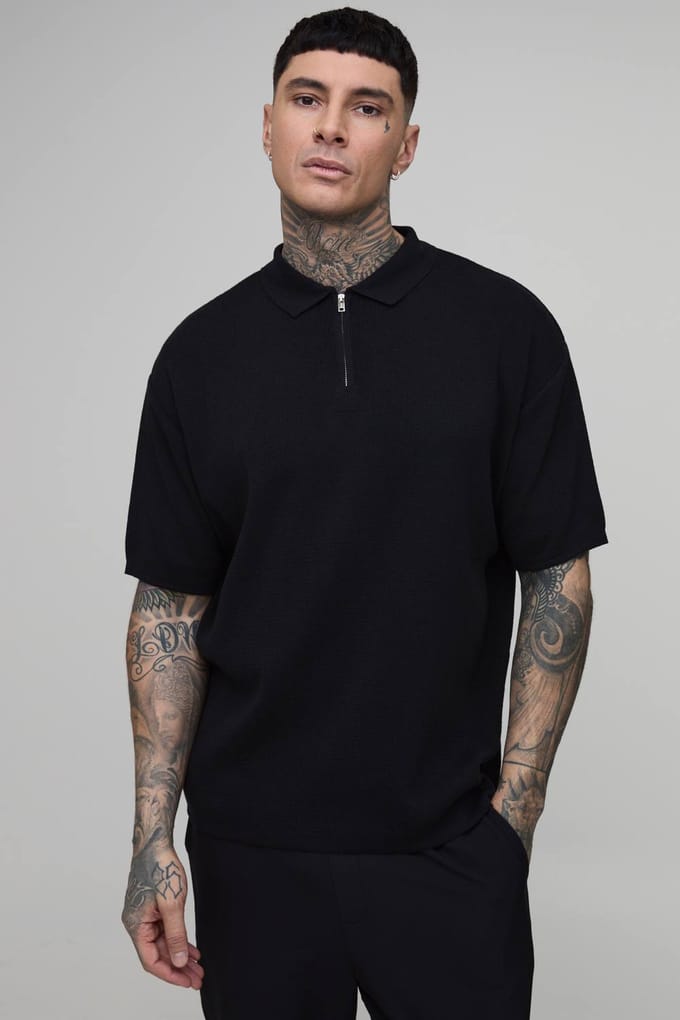 Tall Oversized Boxy 1/4 Zip Cotton Blend Knitted Polo T-Shirt | Black | Size Medium