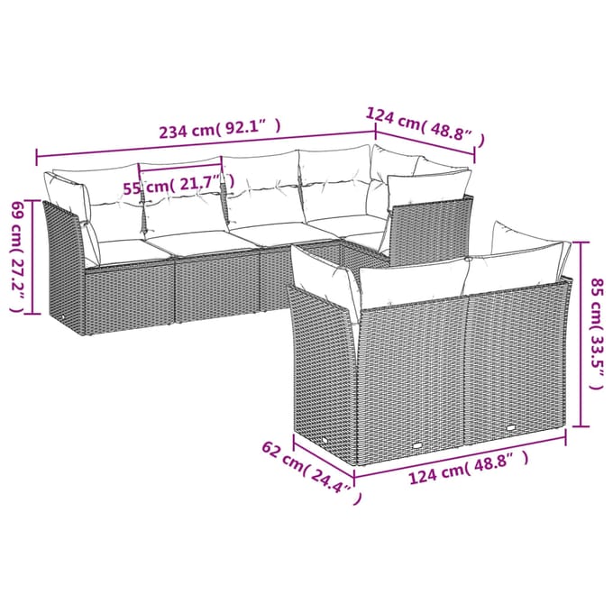 vidaXL - 7-delige - Loungeset - met - kussens - poly - rattan - lichtgrijs