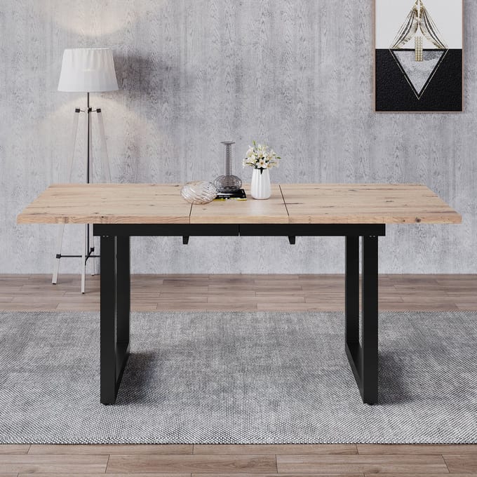 MODFU Uitschuifbare eettafel industrieel 140–180×80×75 cm MDF eikenlook zwart metalen onderstel