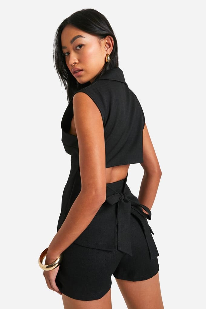 boohoo Dames Textured Linen Look Open Tie Back Weste | Zwart | Maat: 34