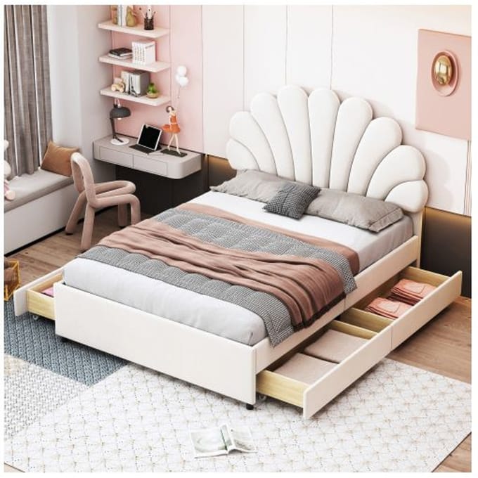 Gestoffeerd bed - MUVOE - 140 x 200 cm - Bloemrijk hoofdbord - 4 opberglades - Beige beige