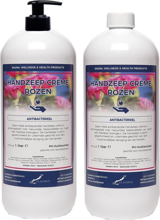 Handzeep Crème Rozen 1 liter - met gratis pomp - set van 2 stuks