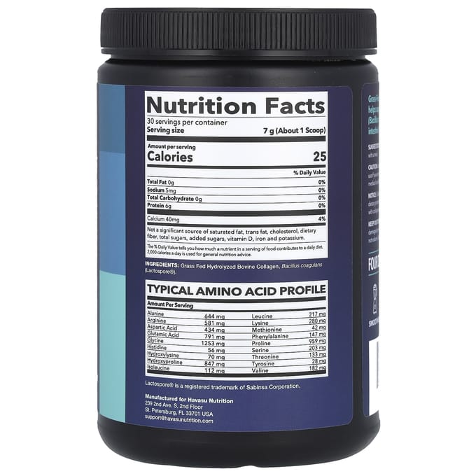 Havasu Nutrition, Peptides de collagène, probiotique, sans saveur, 200 g (210g)