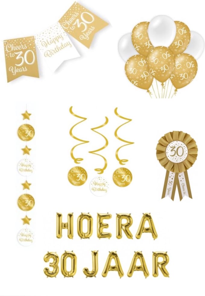 30 jaar verjaardag versiering pakket - goud wit - ballon - vlag – paperdreams