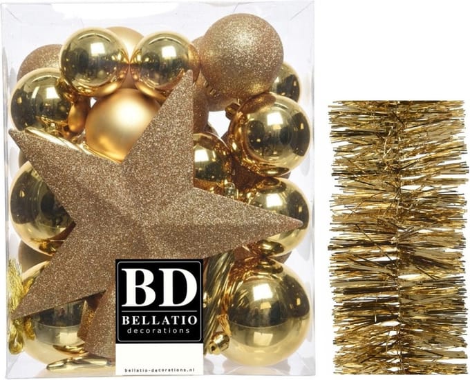 Kerstballen 5-6-8 cm 32x st met ster piek en slinger goud - kunststof
