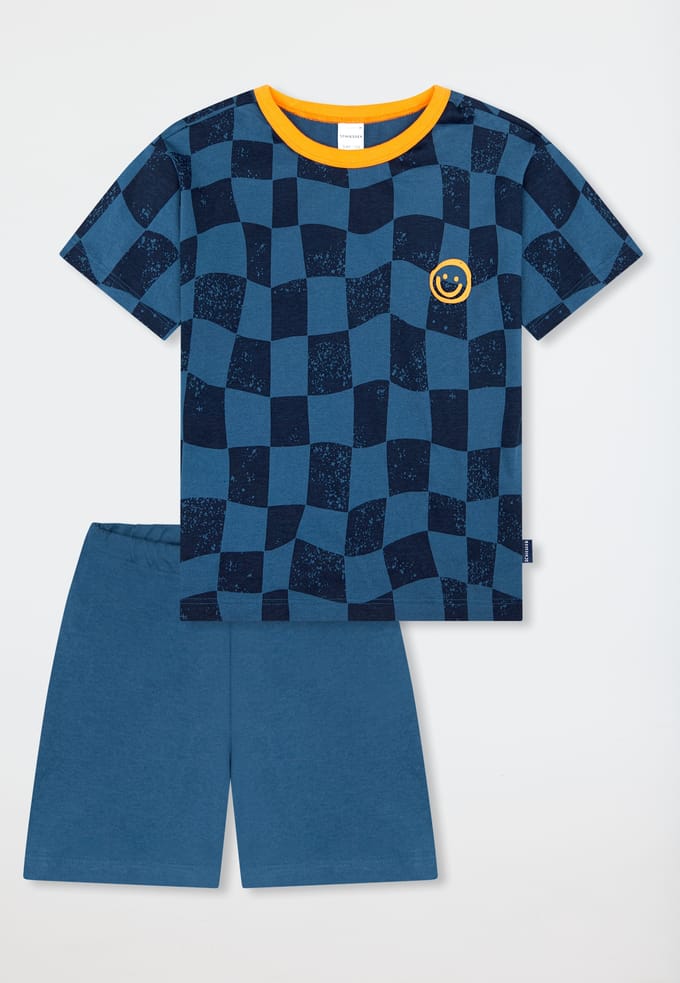 Korte pyjama met smiley-ruitjes, atlantisch blauw - Kids Nightwear 92