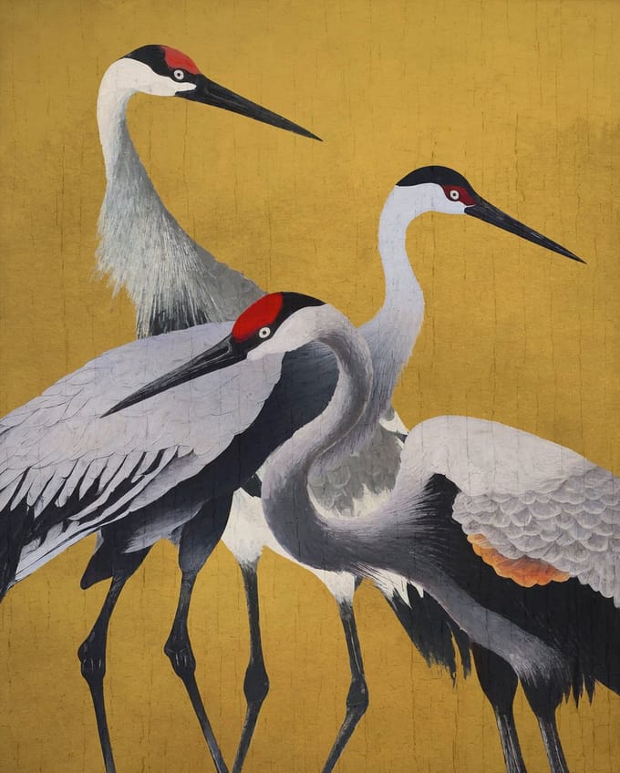 Fotobehang - Yellow Cranes 200x250cm - Vliesbehang