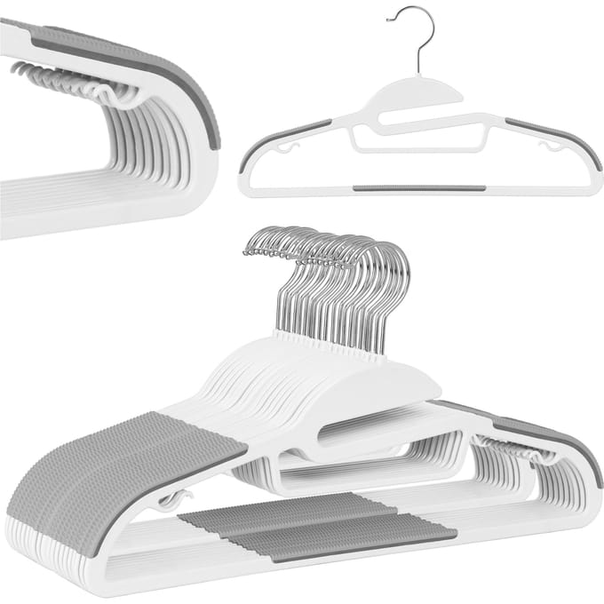 20x Antislip Kledinghangers Flexi Wit/Grijs 360° Draaibare Haak