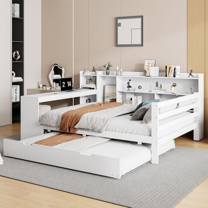 MODFU Bedframe 140x200 cm van hout – wit – met uitschuifbed, bureau en opbergrekken – multifunctioneel