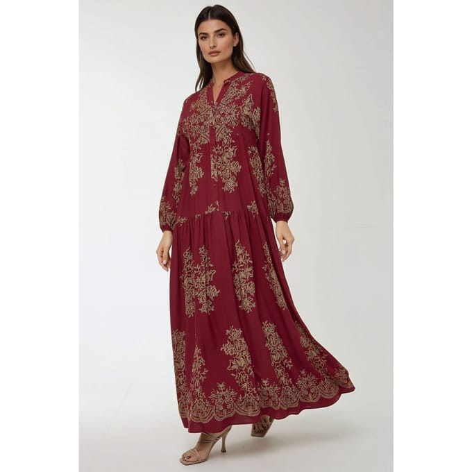 Geprinte Lange Mouwen Viscose Maxi Jurk