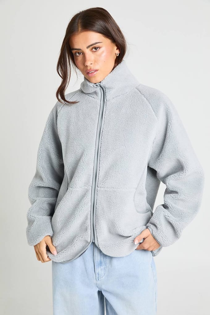 boohoo Dames Oversized Teddy Jas met Rits | Grijs | Maat: 36