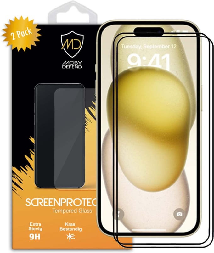 2-Pack MobyDefend Screenprotectors - Geschikt voor iPhone 15 Plus - Screensavers Met Zwarte Randen - Gehard Glas