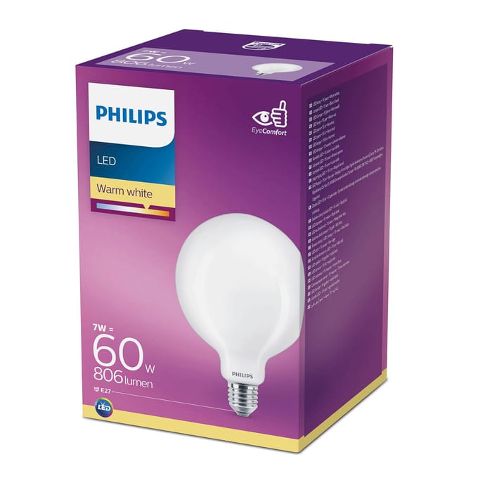 Philips LED lamp - Globelamp met E27 fitting - Warmwit licht: 2700K - 60W - Mat glas