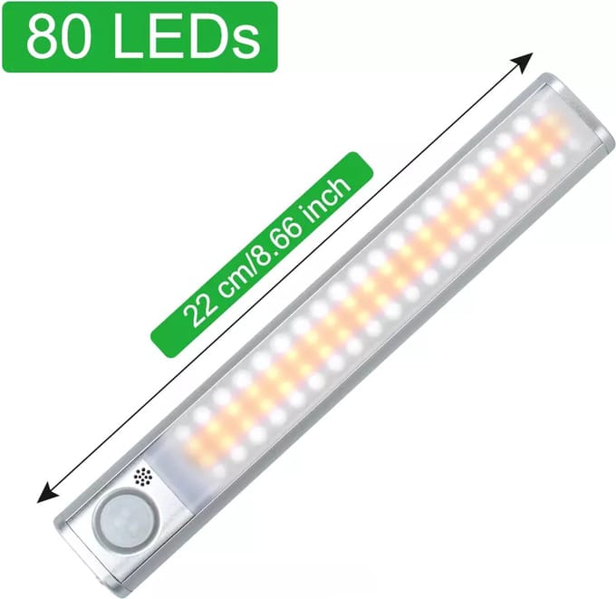 TLVX Led lamp met bewegingssensor en lichtsensor | Draadloos | Accu USB Oplaadbaar | LED Sensor lamp | Beweging sensor | Licht sensor | Dimbaar | Light Motion Sensor | 22 CM | 80 leds | Nacht Lamp LED | Magneet strip | Kastverlichting | LED-strip