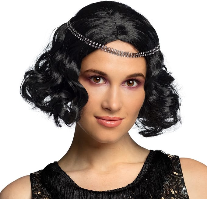 Boland - Pruik Flapper Zwart - Krullen - Halflang - Vrouwen - Charleston - 20's - Roaring Twenties