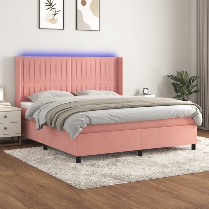 vidaXL - Boxspring - met - matras - en - LED - fluweel - roze - 180x200 - cm